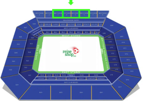 Sitteplasser Stamford Bridge – Chelsea stadion oversikt West Stand og hospitality