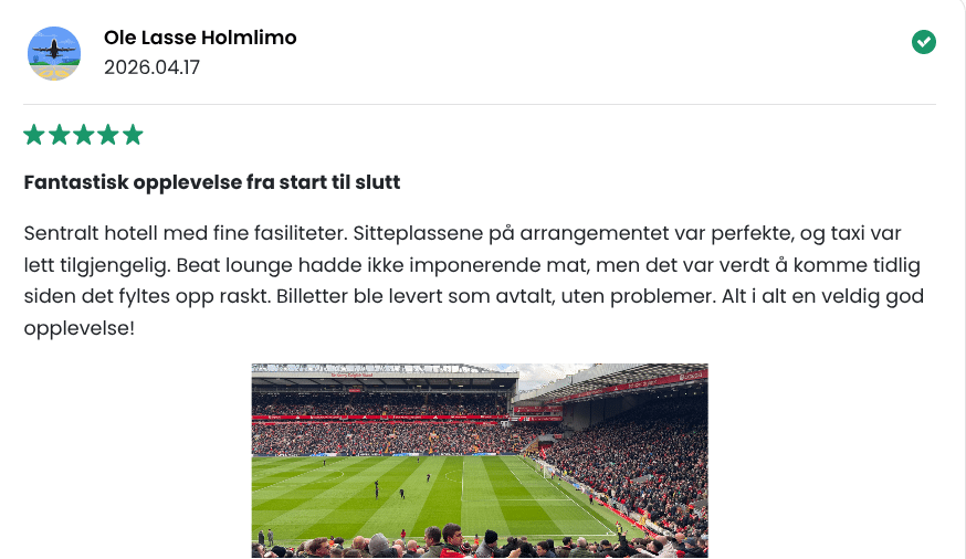 Tilbakemelding fra kunde vært på Liverpool tur med Reiseshop.no