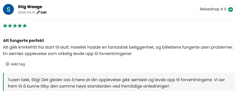 Tilbakemeldingen fra kunde som har vært på tur med Reiseshop og som dele sine erfaringer. Har mange gode anmeldelser.