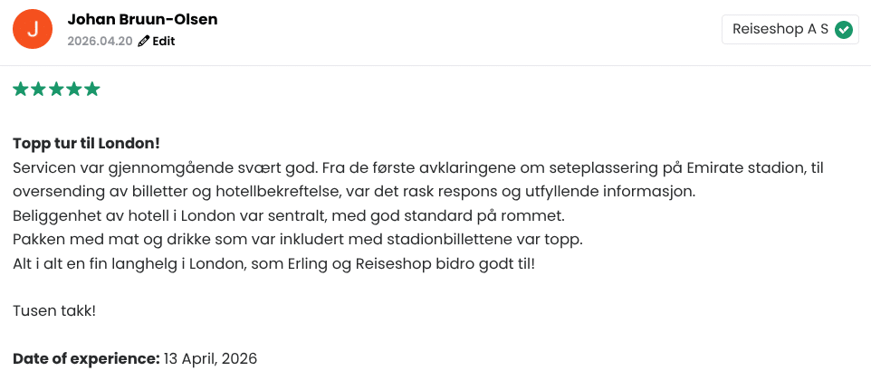Review fra kunde som var på fotballtur til Arsenal og Emirates stadion med Club Level billetter fra Reiseshop.no