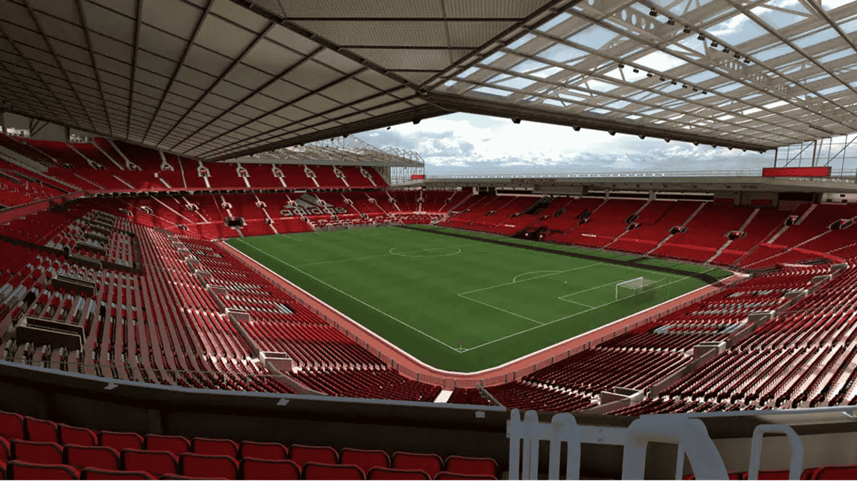 Utsikt över Old Trafford från läktaren – fotbollsresor till Manchester United